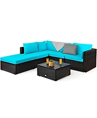 6 Pieces Outdoor Patio Rattan Furniture Set Sofa Ottoman