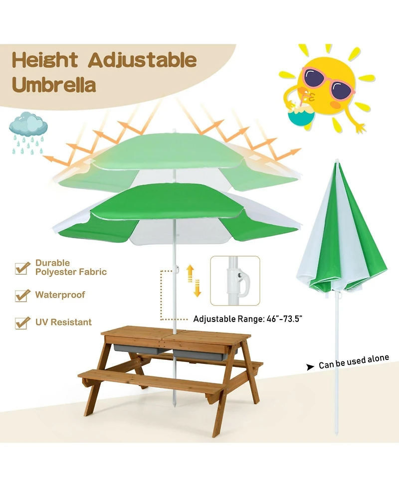 Gouun 3-in-1 Kids Outdoor Picnic Water Sand Table with Umbrella Play Boxes