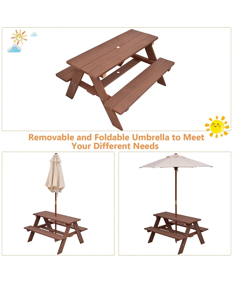 Gouun Outdoor 4-Seat Kid's Picnic Table Bench with Umbrella