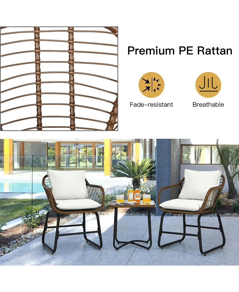 3 Pieces Patio Rattan Bistro Set Cushioned Chair Glass Table Deck