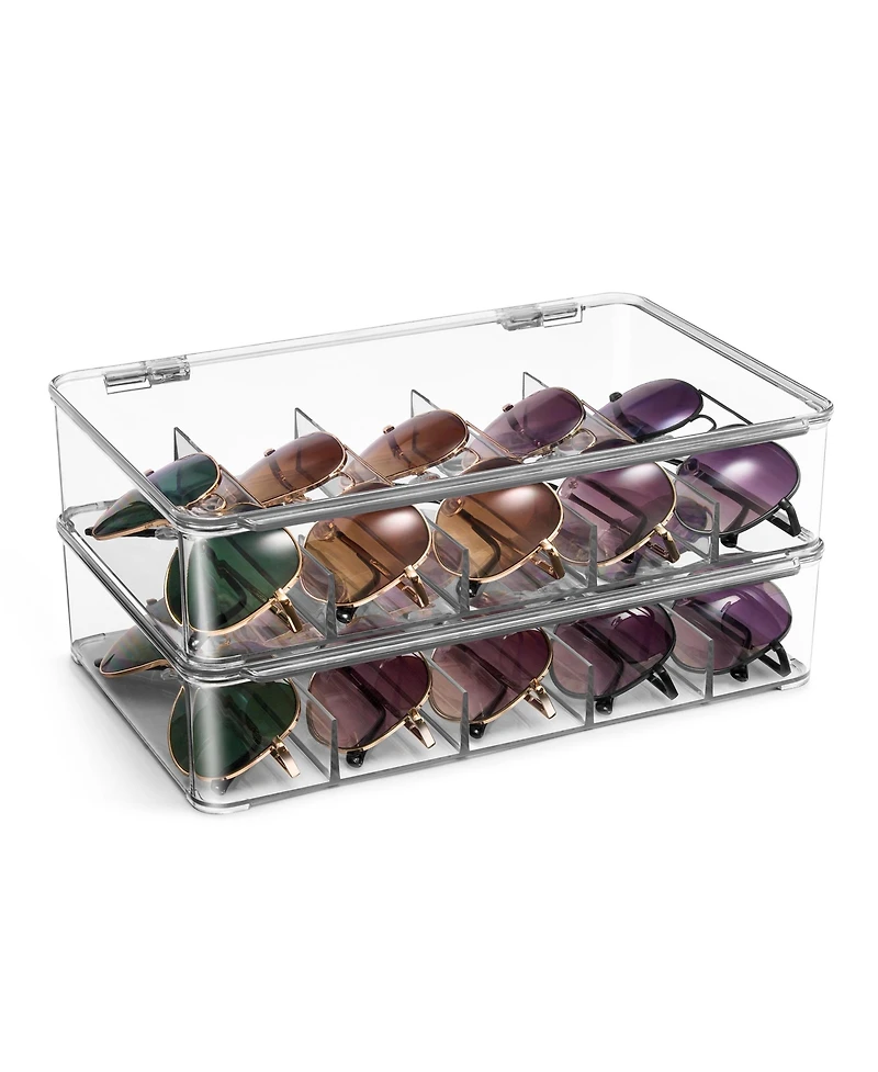 Sorbus 2 Pack Clear Stackable Plastic Sunglass Holder with Hinged Lid for Eyewear Display Includes 5 Sections