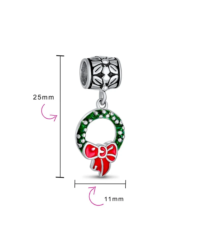 Bling Jewelry Green Christmas Red Bow Dangle Charm Bead Enamel .925 Sterling Silver