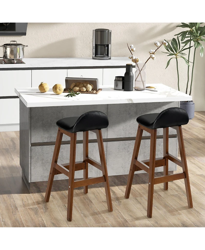 Gymax Set of 4 Upholstered Pu Leather Barstools 27.5'' Wooden Dining Chairs Black & Brown