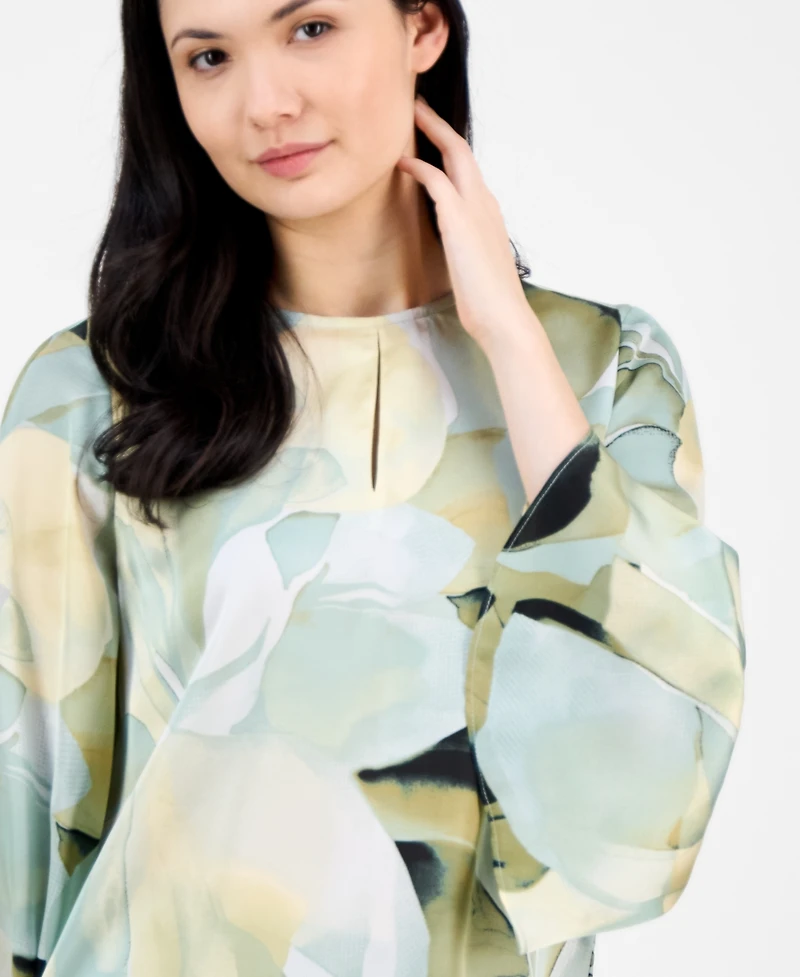 Anne Klein Petite Printed Keyhole-Front Long-Sleeve Blouse