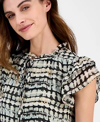 Anne Klein Women's Abstract-Print Split-Neck Flutter-Sleeve Top