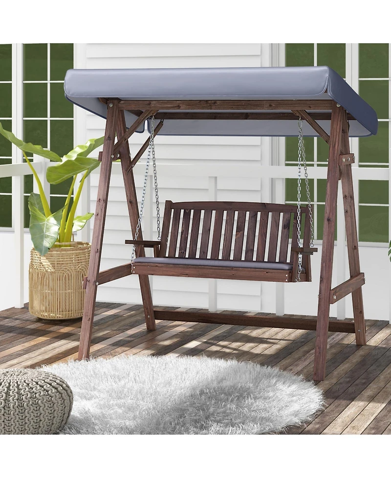 Gouun 2-Person Porch Swing with Fir Wood Stand and Tilt Canopy