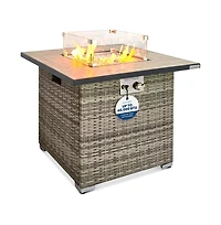 SereneLife 40,000 Btu Wicker Propane Gas Fire Pit Table with Tempered Glass Wind Guard