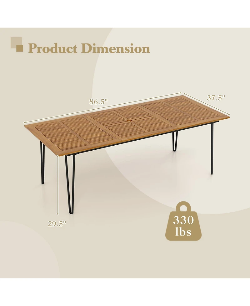 Gouun 86.5 Inch Rectangular Patio Dining Table for 8 with Acacia Wood Tabletop and Umbrella Hole-86.5 inches