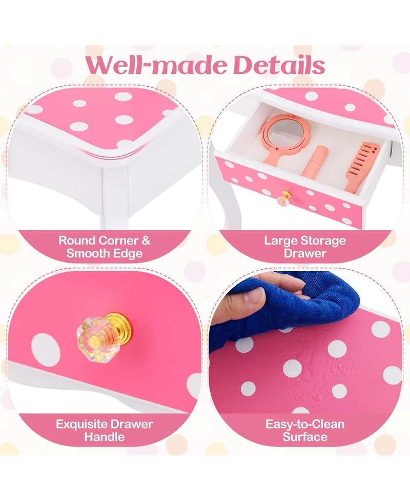 Gouun Princess Pretend Play Makeup Dressing Table with Cute Polka Dot Print