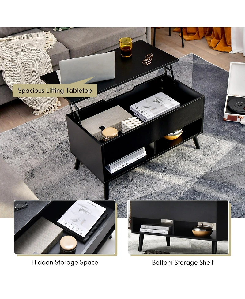 Gouun 31.5 Inch Lift Top Table with Hidden Compartment and 2 Storage Shelves