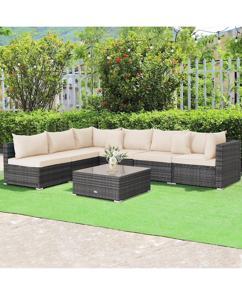 7 Pieces Patio Rattan Furniture Set with Sectional Sofa Cushioned