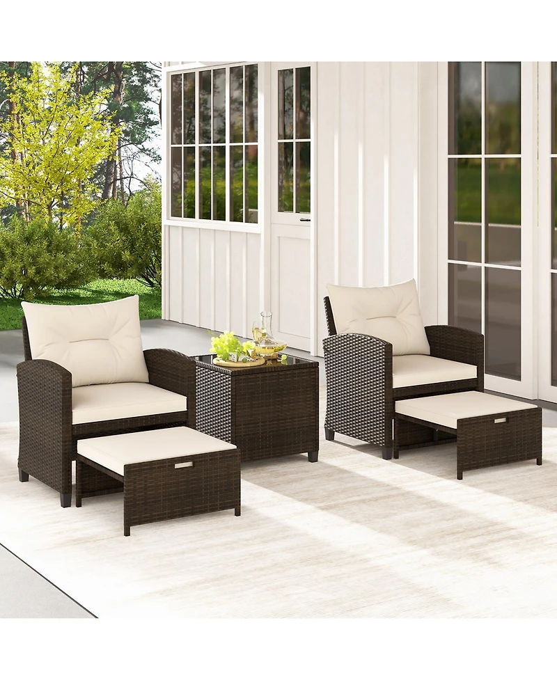 Gouun 5 Pieces Patio Rattan Furniture with 2 Ottomans and Tempered Glass Table
