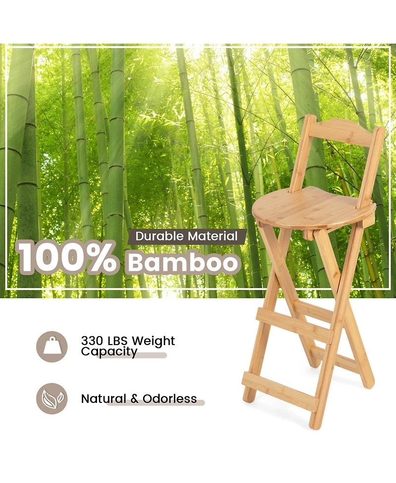 Gymax Set of 2 Bamboo Folding Barstools Counter Height Dining Chairs Installation Free