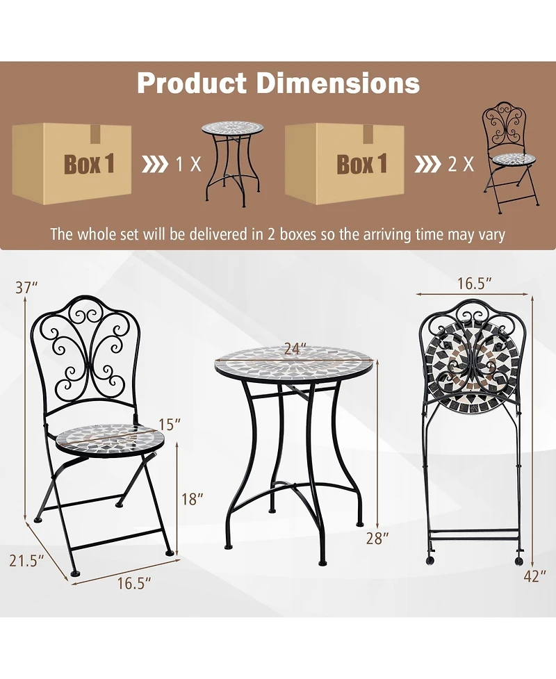 Gouun 3 Piece Patio Bistro Set with Round Table and 2 Folding Chairs