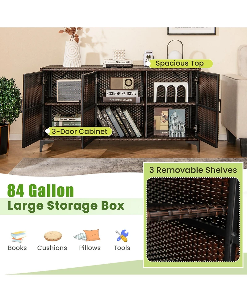 Gouun 84 Gallon Wicker Patio Storage Box with Shelves and Waterproof Liner
