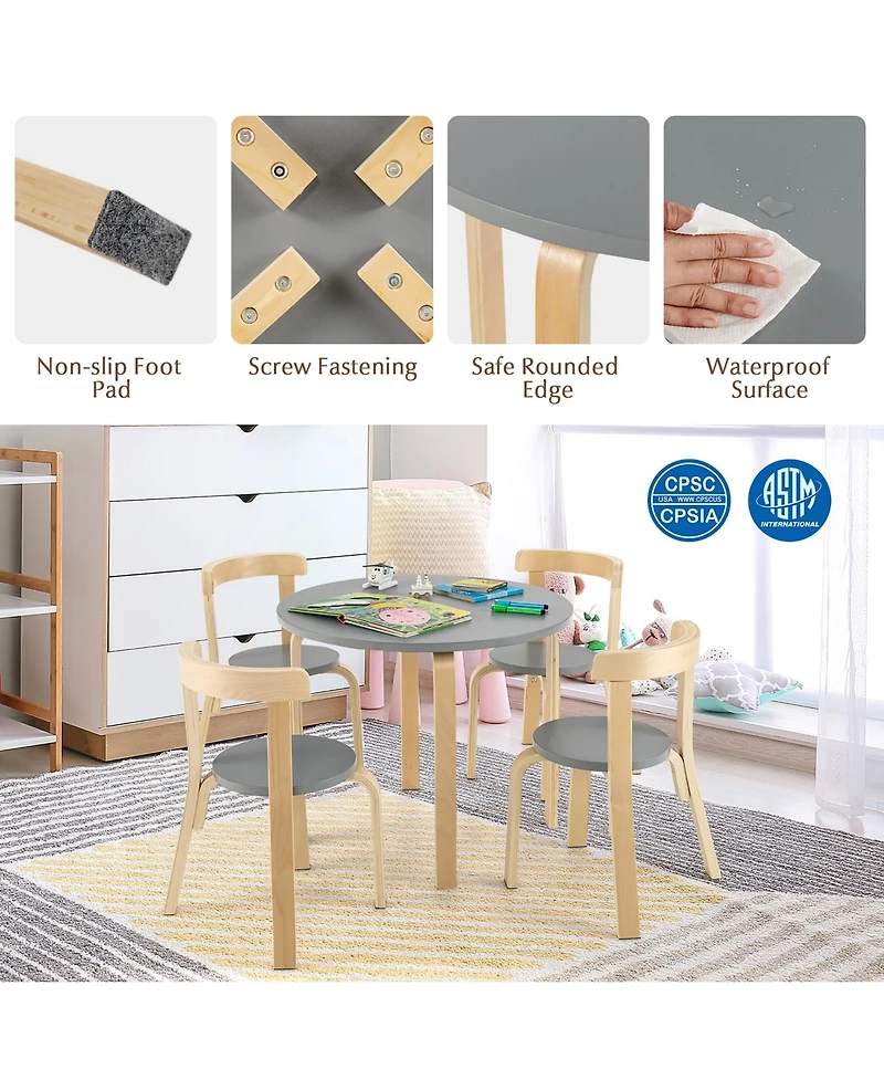 Gouun 5-Piece Kids Wooden Curved Back Activity Table and Chair Set withToy Bricks