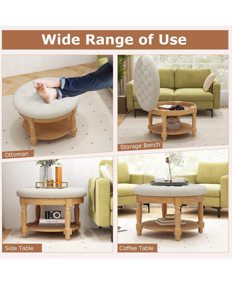Gouun 29 Inch Large Round Ottoman Table 2-Tier Upholstered Tufted Footrest Ottoman with Flip-up Top