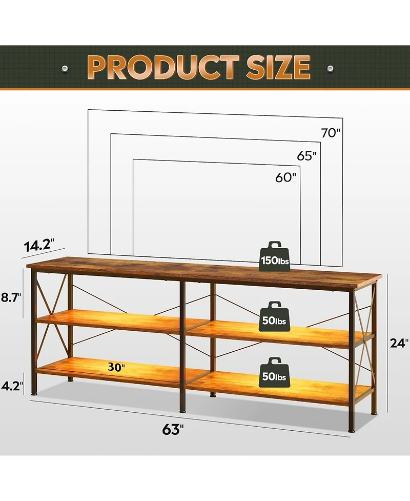 Wlive Tv Stand for 65 70 inch Tv with Led Lights Gaming Entertainment Center with Storage Industrial Tv Console for Living Room Long 63" Led Tv Cabine