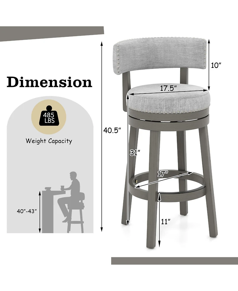 Gouun 31 Inch Swivel Bar Stool with Upholstered Back Seat and Footrest-31 inches