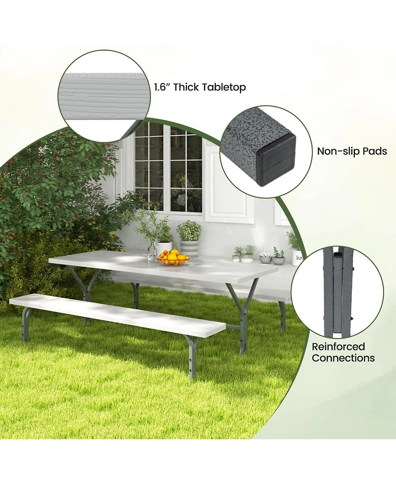 6 Ft Picnic Table Bench Set Dining and 2 Benches with Metal Frame Hdpe Tabletop