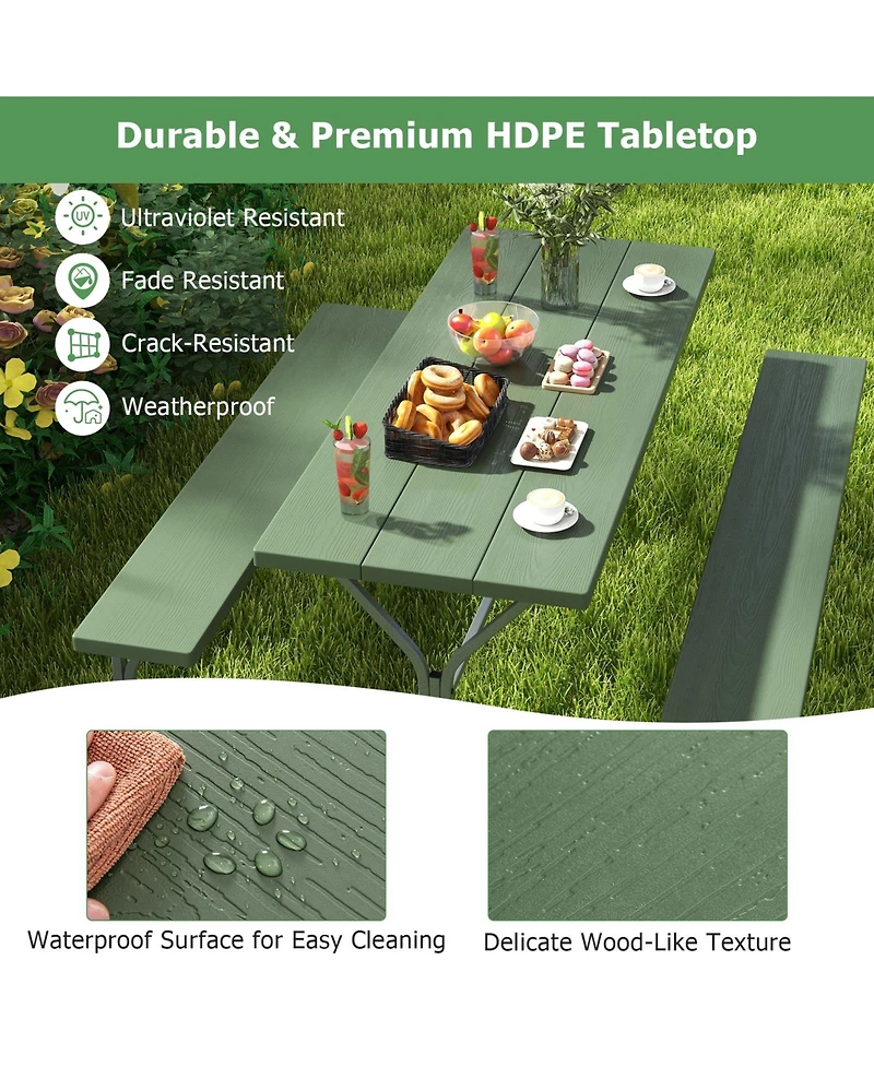6 Ft Picnic Table Bench Set Dining and 2 Benches with Metal Frame Hdpe Tabletop