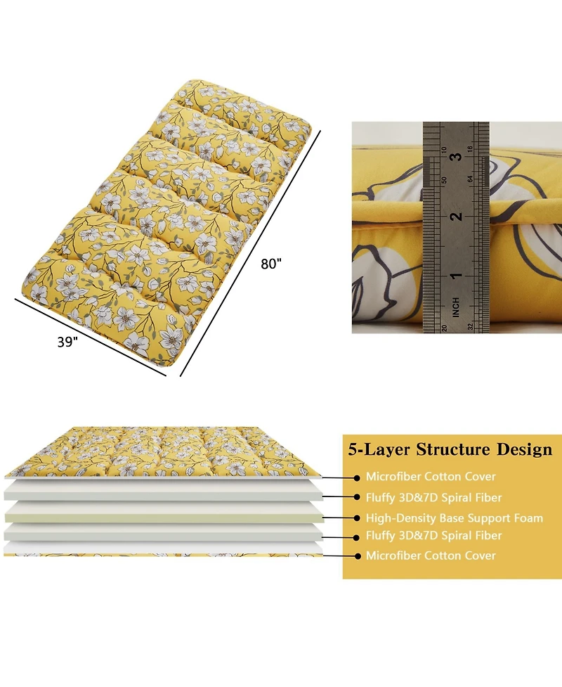 gaomon Japanese Floor Mattress Twin, Thick Tatami Roll-Up Mattress for Camping & Guest Room, Yellow Flower Design