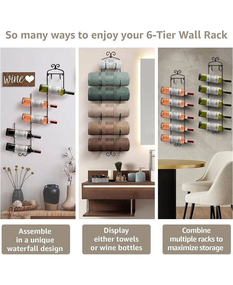 Sorbus 6-Bottle Wall Mounted Wine Rack - Vertical Display with Curved Cradles for Stylish Wine Storage