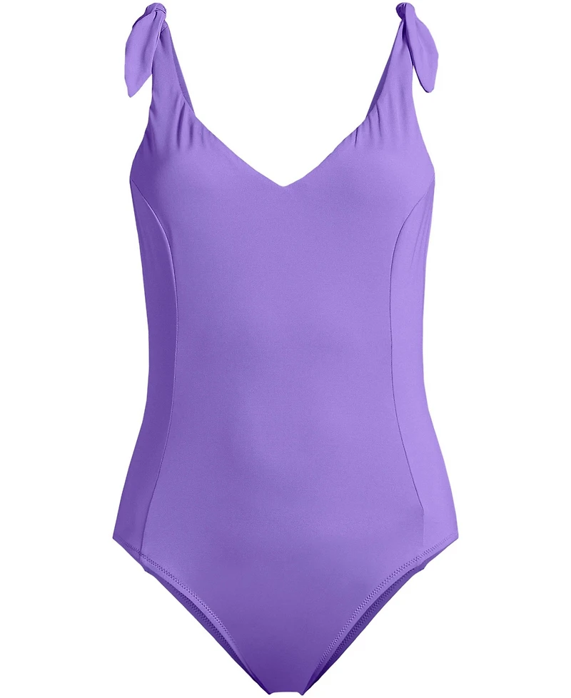 Lands' End Women's Chorine Resistant Tie Shoulder V-neck High Leg One Piece Swimsuit