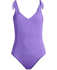 Lands' End Women's Chorine Resistant Tie Shoulder V-neck High Leg One Piece Swimsuit