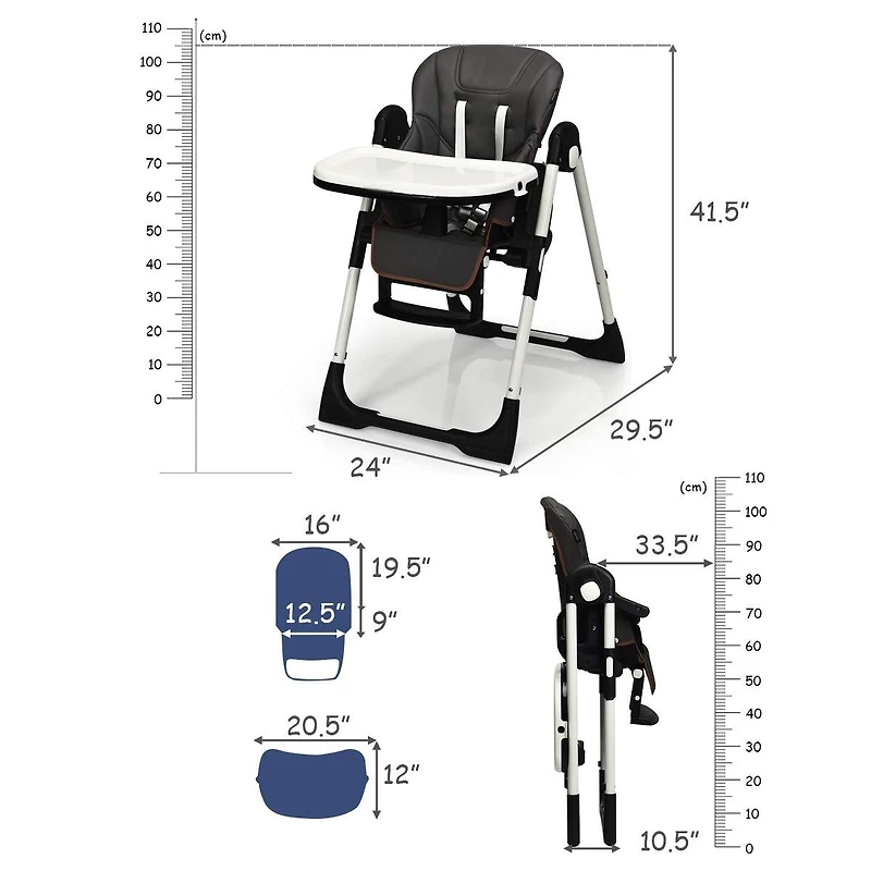 Gouun Foldable Baby High Chair with Adjustable Height, Backrest, and Detachable Tray