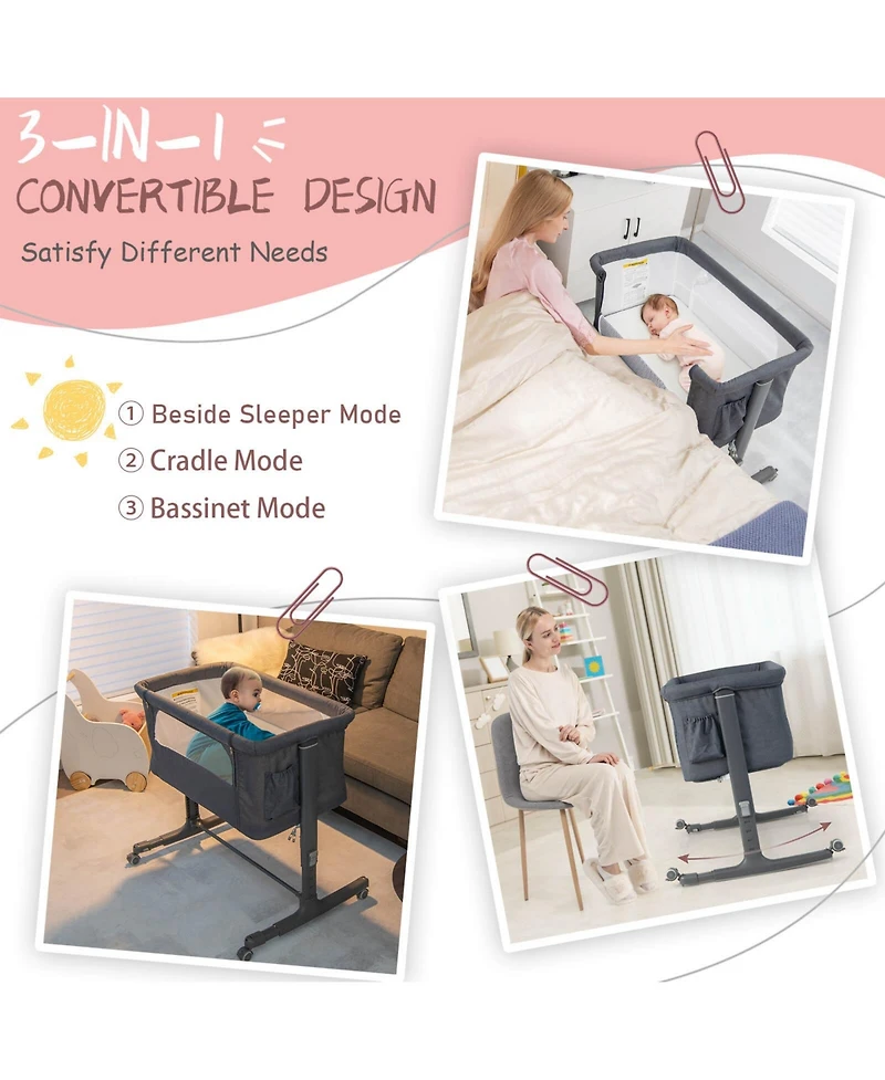 Gouun Portable Baby Bedside Bassinet with 5-level Adjustable Heights and Travel Bag