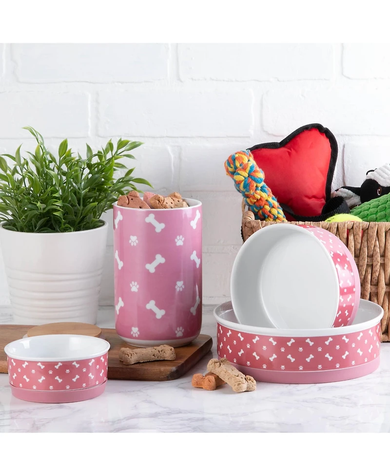Bone Dry Rose Bone & Paw Print Pet Bowl Set/2