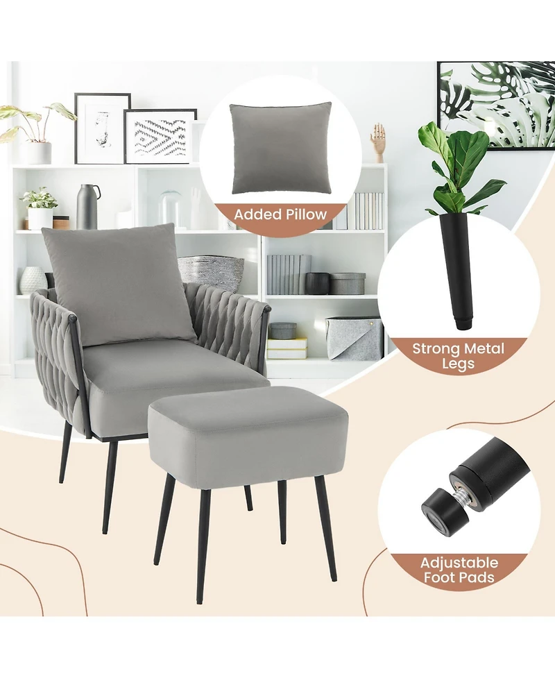 Gouun Modern Dutch Velvet Accent Chair and Ottoman Set with Weaved Back and Arms