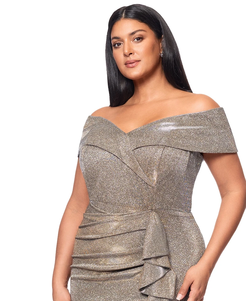 Xscape Plus Sweetheart-Neck Off-The-Shoulder Metallic Gown
