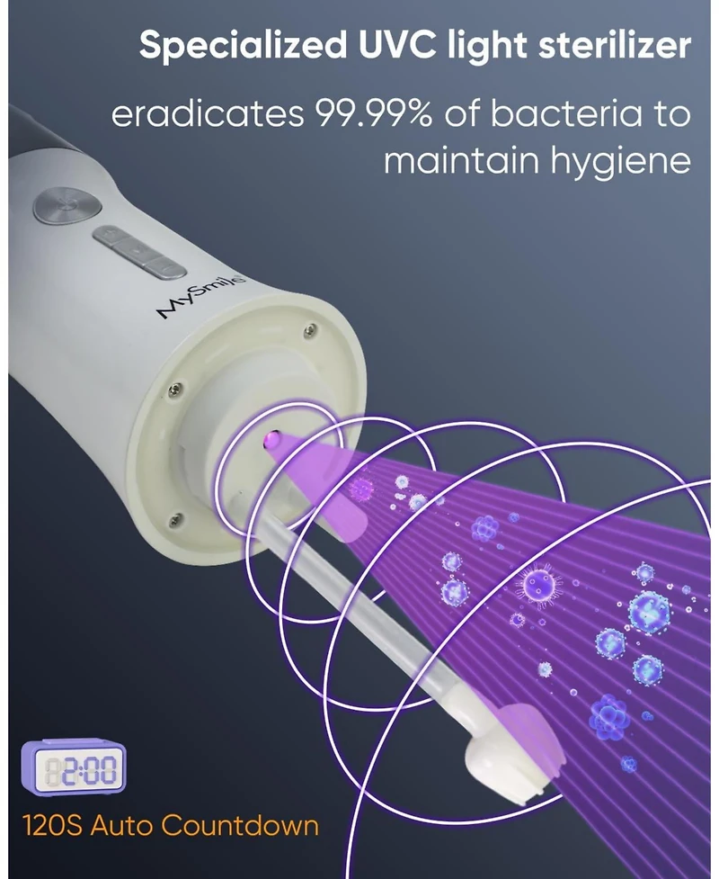 MySmile LP221 Uvc Sterilizable Cordless Water Flosser 335ML Tank Oled Display Dental with 4 Modes 8 Jet Tips & Storage Pouch for Home Travel