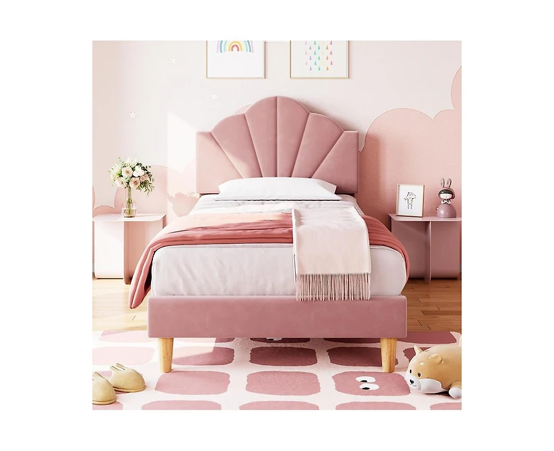 gaomon Twin Pink Bed Frame, Twin Velvet Upholstered Bed Frame with Height Adjustable Headboard