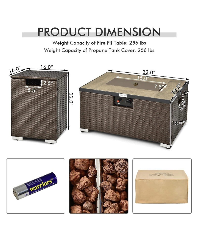 Gouun 32 x 20 Inch Propane Rattan Fire Pit Table Set with Side Table Tank and Cover