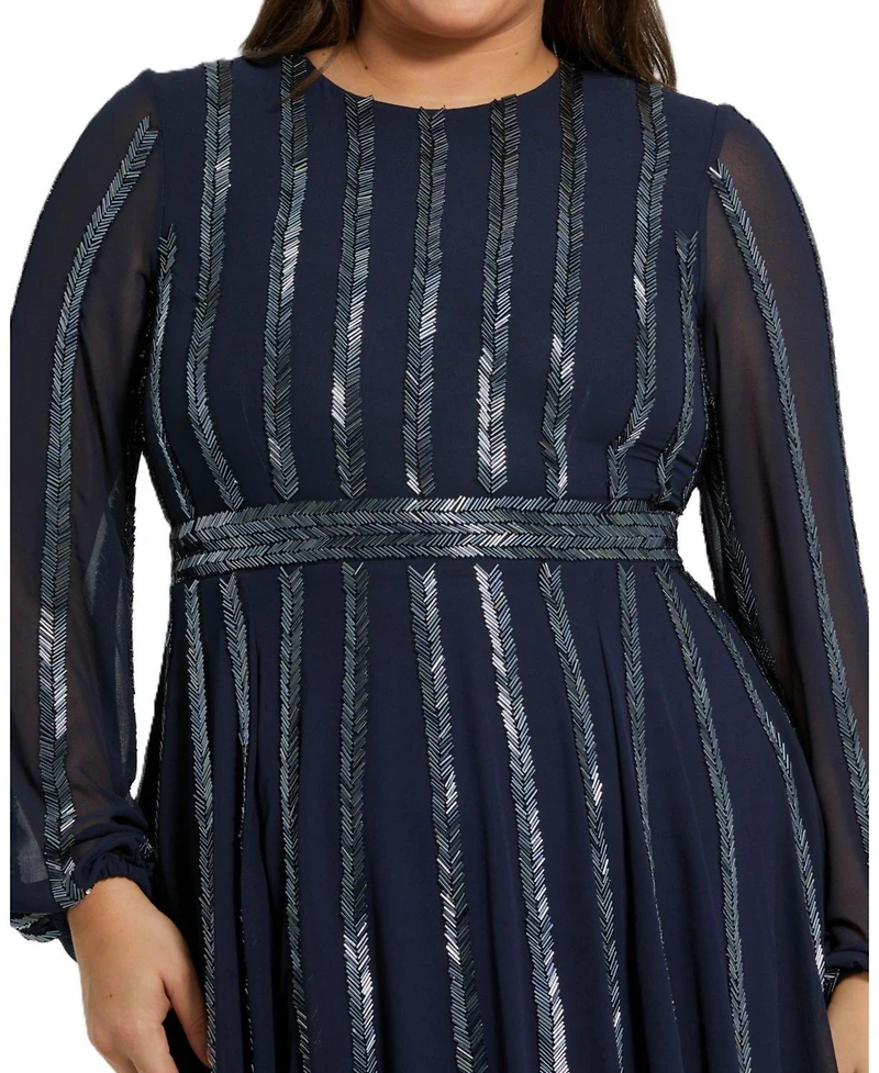 Mac Duggal Plus Long Sheer Sleeve Beaded Dress