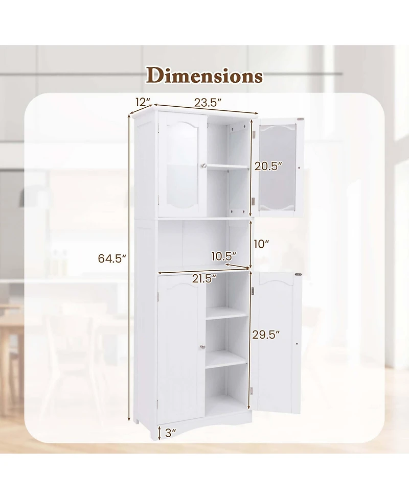64.5" Tall Bathroom Cabinet with Tempered Glass Doors Adjustable Shelves