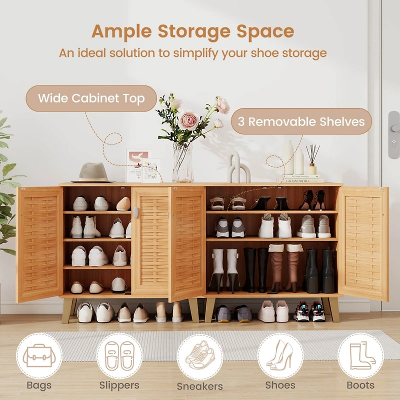 2-Door Shoe Cabinet with Ventilated Woven Doors & 3 Removable Shelves for Entryway
