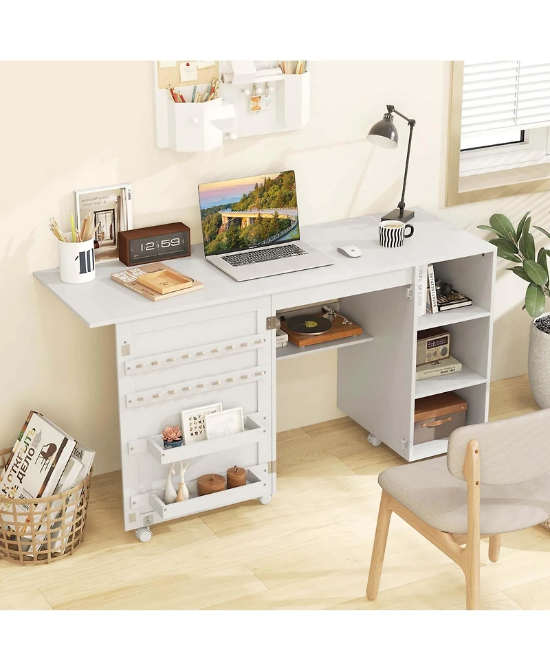 Folding Sewing Table with Storage Shelves 2 Storage Bins & 18 Pegs Lockable Casters