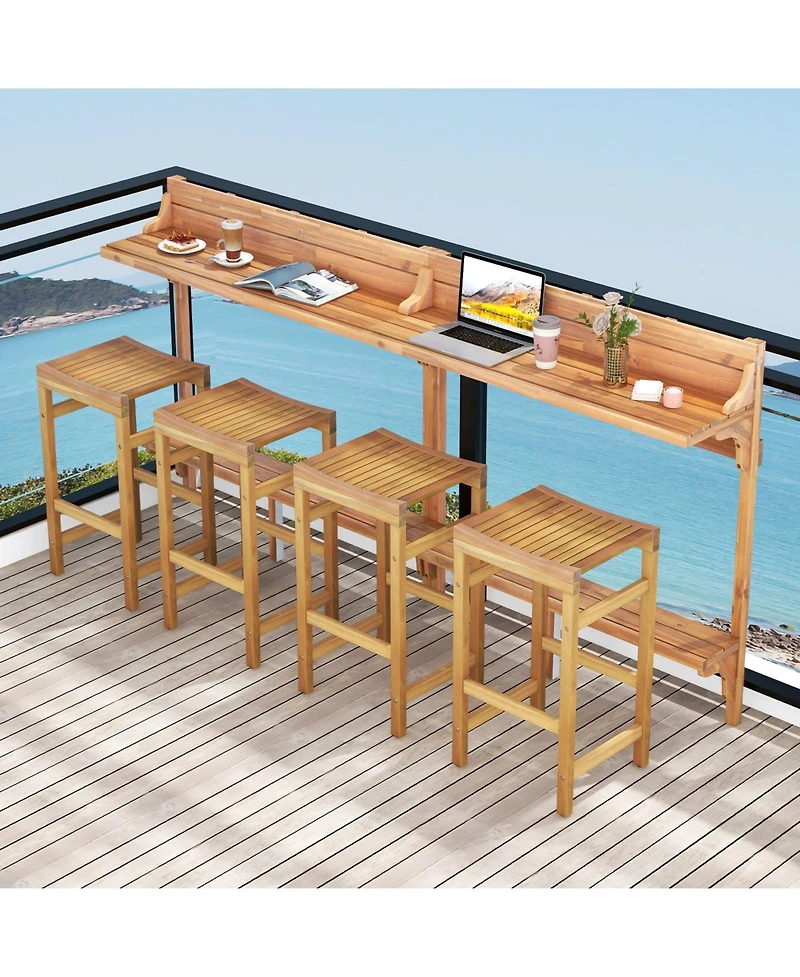 Gouun 3 Pieces Patio Acacia Wood Bar Table Set with Footrest Curved Wood Seat