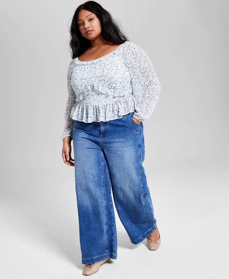And Now This Trendy Plus Printed Ruffled Blouson-Sleeve Top, Exclusively at Macy's
