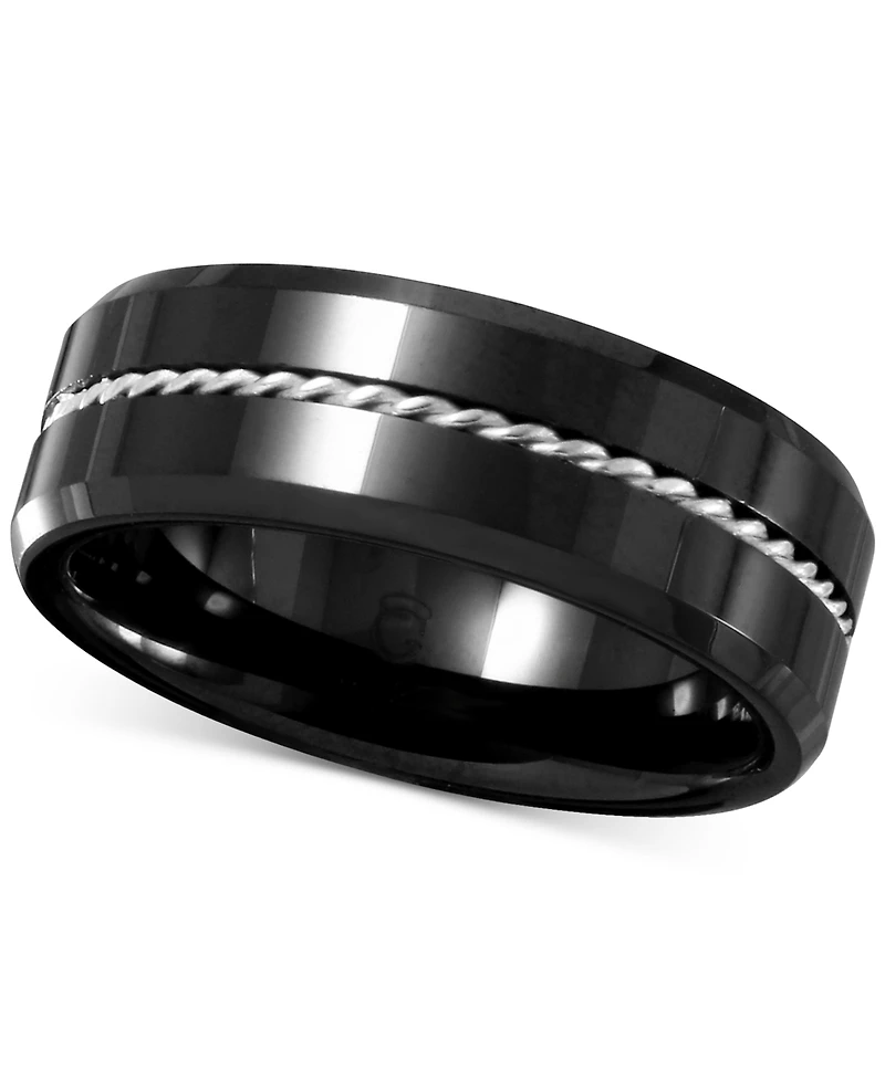 Men's Black Ceramic & Sterling Silver Twist Rope Band