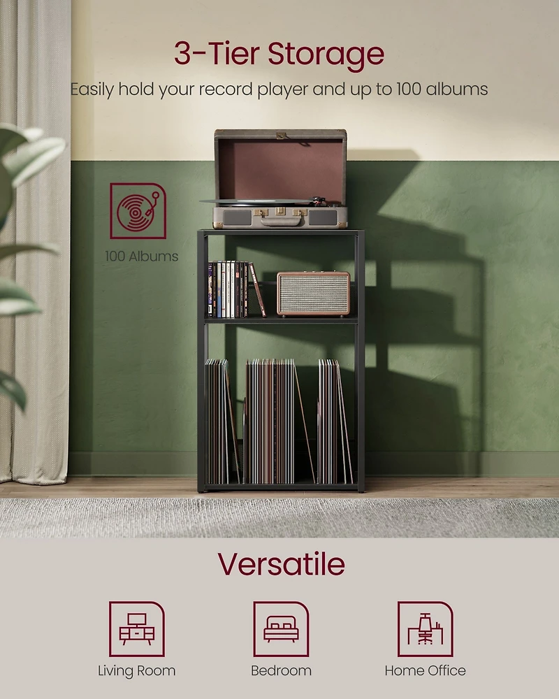Record Player Stand – 3-Tier Side Table with Vinyl Storage for up to 100 Albums, End Living Room & Bedroom