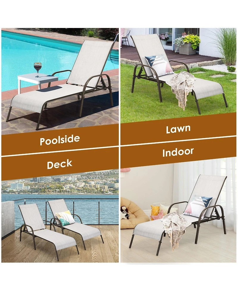 Gouun 2 Pcs Outdoor Patio Lounge Chair Chaise Fabric with Adjustable Reclining Armrest