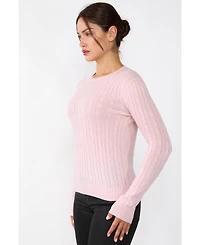 Jennie Liu Women's 100% Cashmere Cable-knit Long Sleeve Pullover Crew Neck Sweater