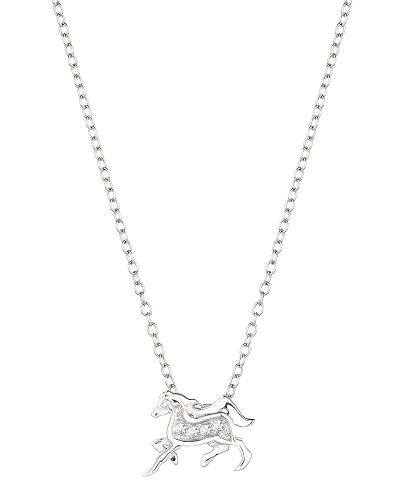 Cubic Zirconia Galloping Horse 18" Pendant Necklace in Sterling Silver