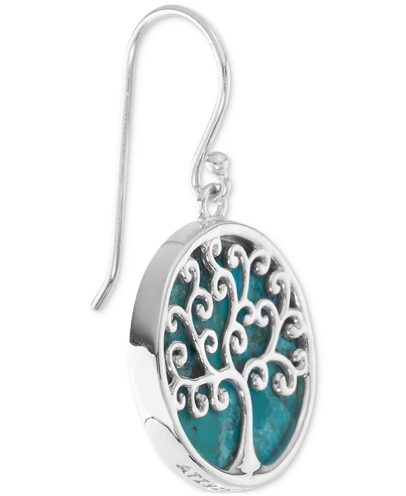 Turquoise Inlay Polished Tree Disc Drop Earrings in Sterling Silver