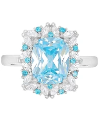 Blue & White Cubic Zirconia Mixed Cut Halo Ring Sterling Silver